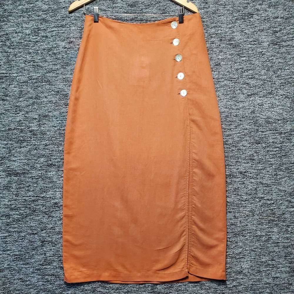 DELUC Draco Buttoned Midi Skirt Women M Orange Linen Blend Boho Chic Coastal NWT